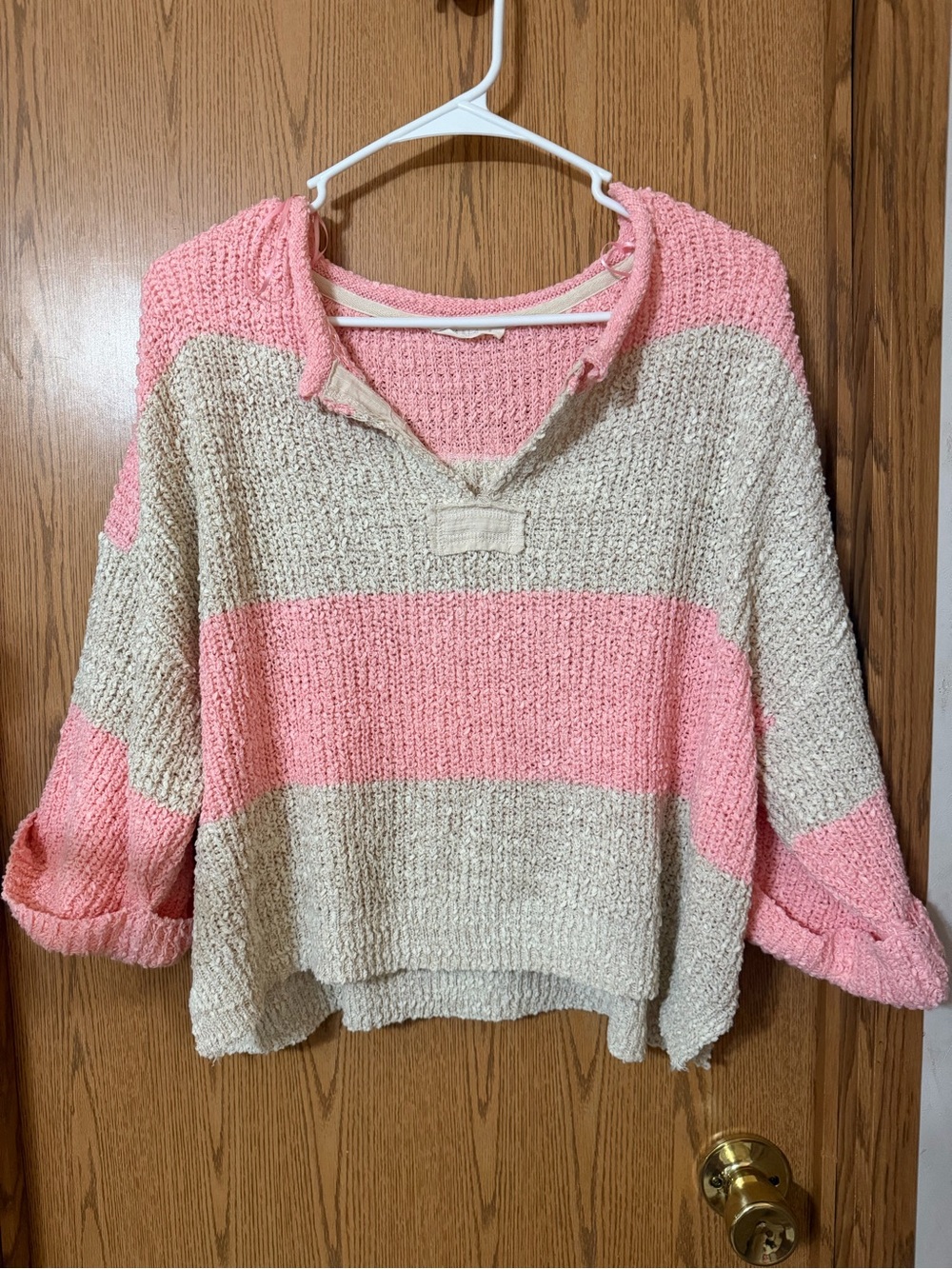 ILLA ILLA Pink & Oatmeal Striped Collared 3/4 Knit Sweater Size Small Oversized